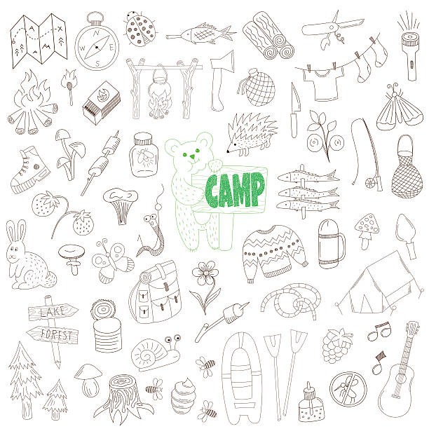 doodle camping elements vector set of hand drawn doodle camping elements isolated on white background hiking drawings stock illustrations