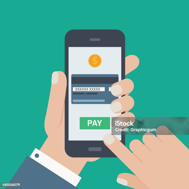 Mobile Payment Credit Card Hand Holding Phone Flat Stock Illustration - Download Image Now - Banking, Business, Buying