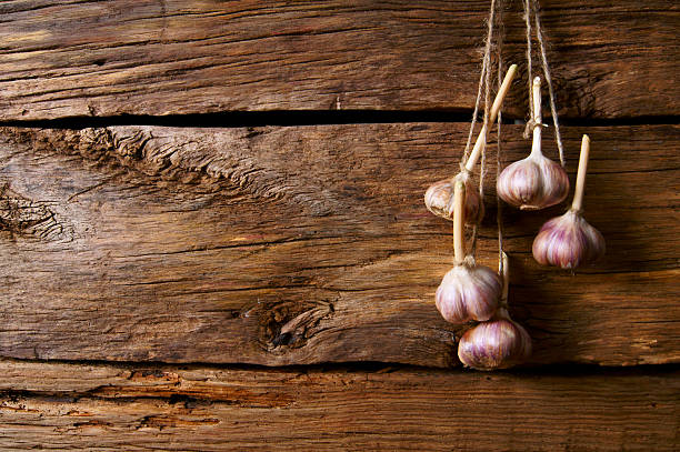 ajo en un cable. - garlic hanging string vegetable fotografías e imágenes de stock