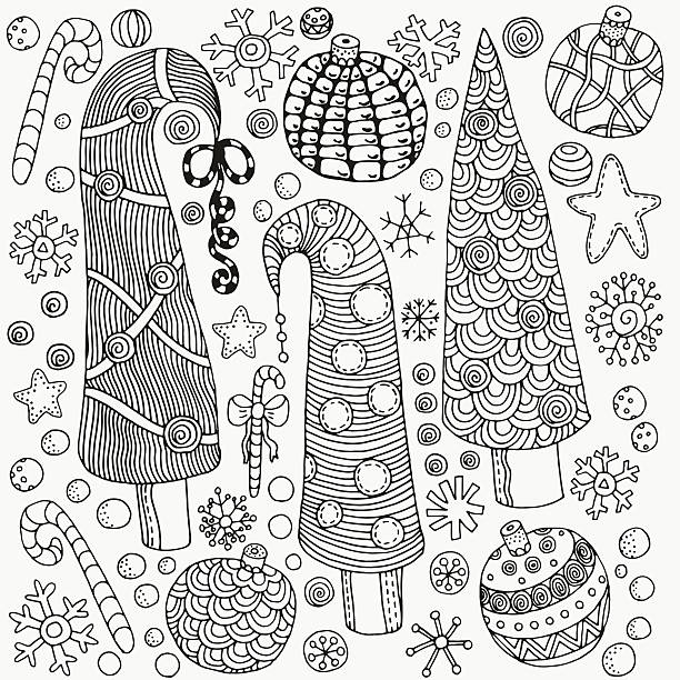 zestaw boże narodzenie ręcznie rysowanych elementów w wektor dekoracyjne - christmas christmas tree snow illustration and painting stock illustrations