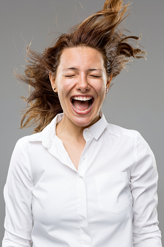 Smiling beautiful woman on white background - Passport photo