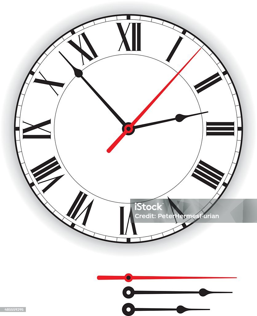 Antique Clock Face Illustration of an antique clock face (dial) as part of an analog clock (watch) with black and red pointers. Isolated on white background. Ancient stock vector