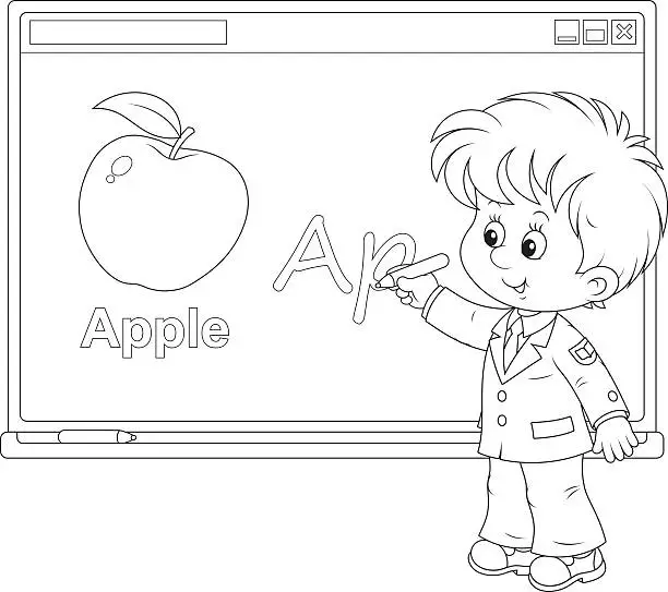 Vector illustration of Schoolboy at the interactive whiteboard