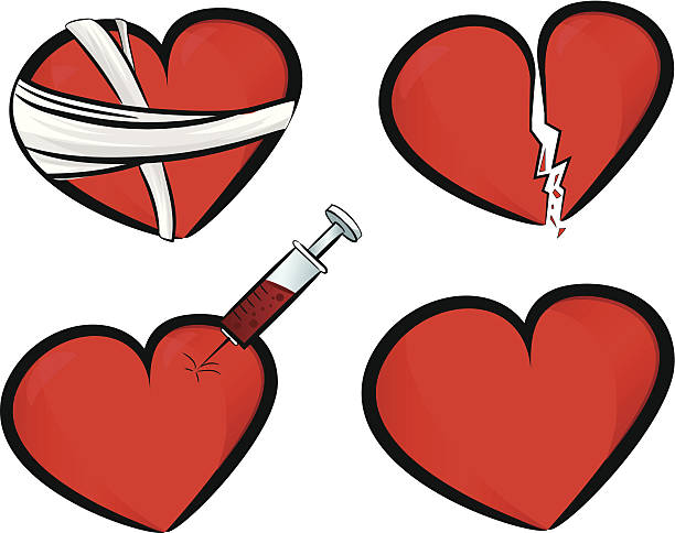 broken hearts векторный набор - relationship difficulties heart shape bandage adhesive bandage stock illustrations