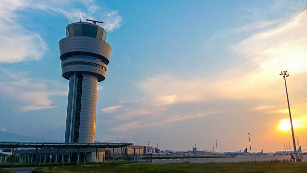 istock Airport control tower at sunset in Sofia, Bulgaria 485560370