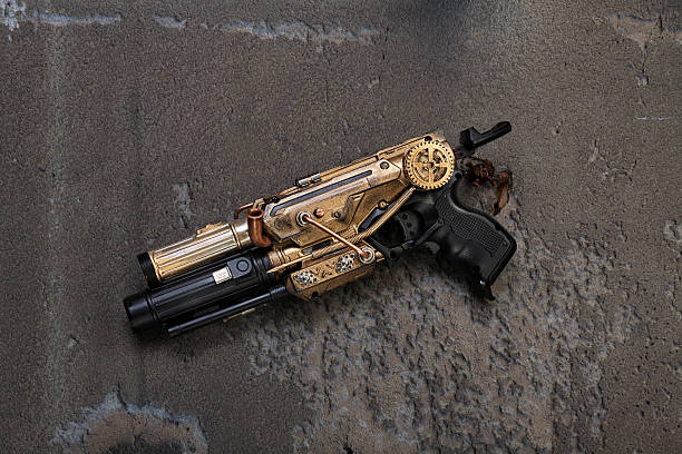 steampunk weapon gold weapon in steampunk look individual production with gold elements steampunk pistol pictures stock pictures, royalty-free photos & images