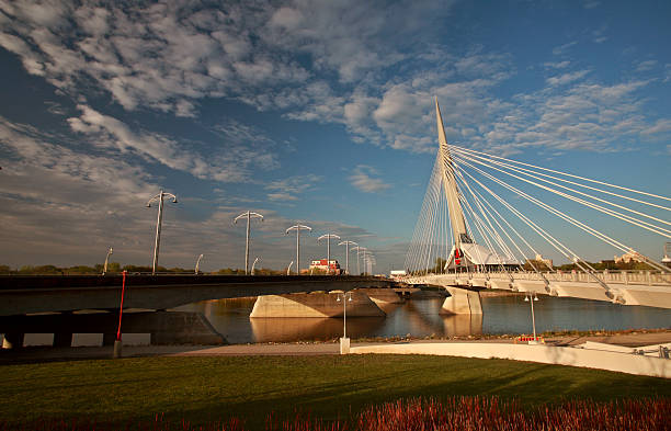 Unique walkway bridge over the Red River in Winnipeg stock photo