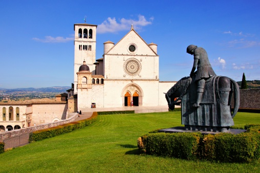 Front view of the famous Basilica of St Francis, Assisi, Italy