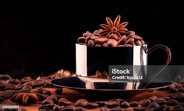 Cup Of Coffee With Beans Stock Photo - Download Image Now - Breakfast, Brown, Cafe