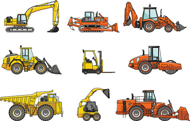 ilustrações de stock, clip art, desenhos animados e ícones de conjunto de máquinas de construção pesada. ilustração vetorial - wheel tractor scraper