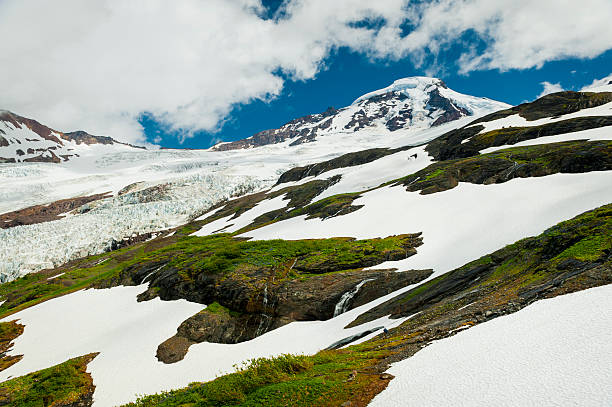 Mt. Baker, Washington. The snow fields surrounding Mt. Baker and the Coleman glacier make for a beautiful and dramatic landscape in the North Cascade Mountain range of Washington State. north cascades national park cascade range waterfall snowcapped stock pictures, royalty-free photos & images