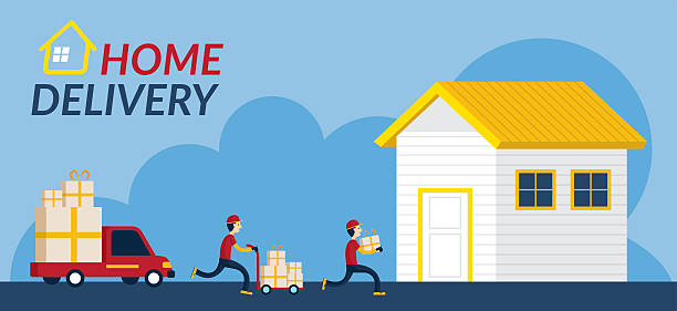 Home Delivery Service Delivery Boy or Postman Send Parcel Box to Home, Flat Design toll free stock illustrations