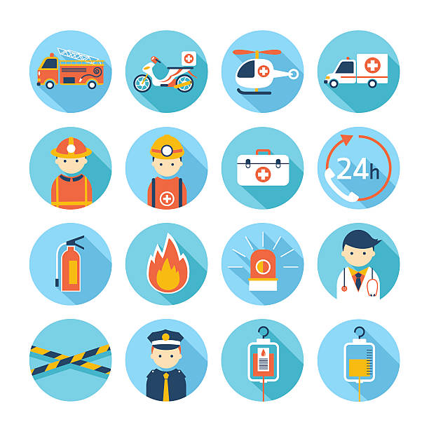 Emergency Flat Icons Set Rescue, First Aid, Vehicle, Equipment and People 999 call center stock illustrations