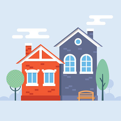 Illustration of sweet little houses in a holland style with the trees and bench on the garden. Fully editable vector illustration. Perfect for informational prospects, flayers and posters.