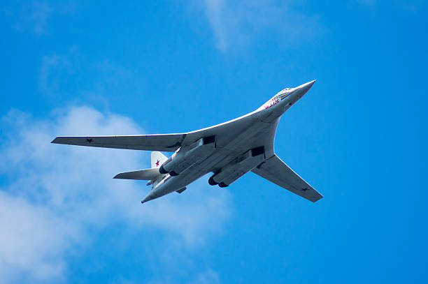 Tu-160 performs demonstrations at air show Samara, Russia - August 22. 2015: Demonstration performances of Tu-160. Airshow devoted to the celebration of the National Flag of the Russian Federation. tu160 stock pictures, royalty-free photos & images