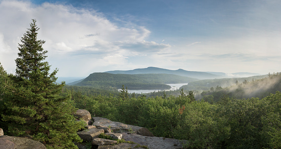 Historic view of the Catskill Mountains in the eastern escarpment. The view to the south shows the North and South Lakes and beyond the Katterskill High Peak and Round Top Mountain - a view made famous by painters such as Thomas Cole