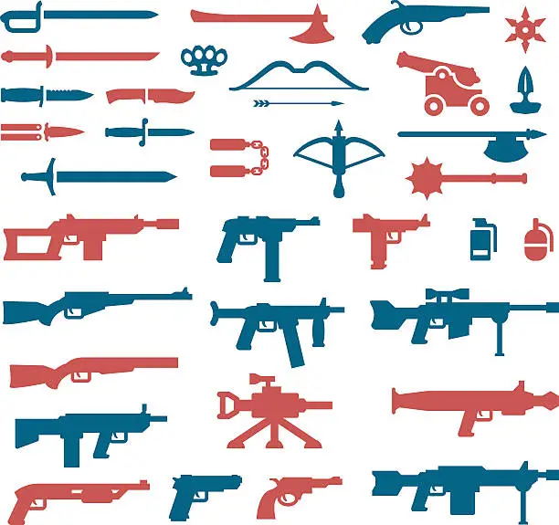 Vector illustration of Set color icons of weapons