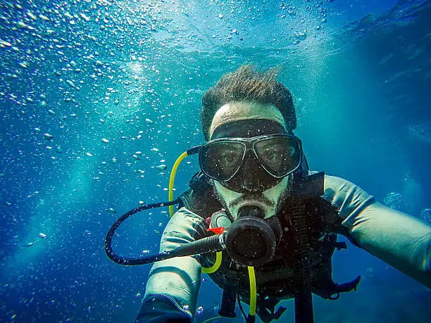 Photo of Diving. Self portrait of diver in the sea.