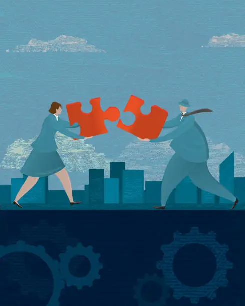 Vector illustration of Business woman and man teamwork concept with puzzle piece