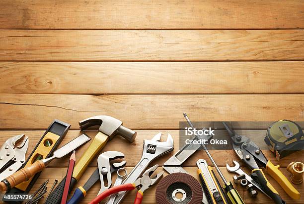 Tools On Wood Planks Stock Photo - Download Image Now - Work Tool, DIY, Home Improvement
