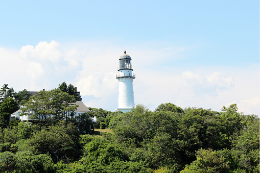 The Two Lights Lighthouse at Cape Elizabeth, Maine on a sunny day in summer.