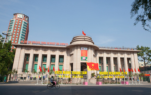 Hanoi, Vietnam - August 23, 2015: Building of The State Bank of Viet Nam in Hanoi capital. The State Bank of Vietnam is the central bank of Vietnam and known as the Indochina Bank in the past.