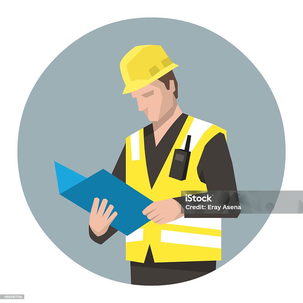 Construction manager controlling the project Vector illustration of construction manager looking at documents Construction Site stock vector