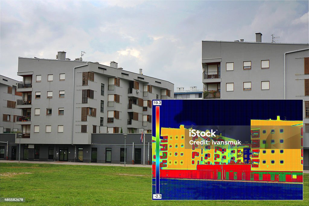 Residential building with Infrared thermovision image Residential building with Infrared thermovision image showing lack of thermal insulation Infrared Stock Photo