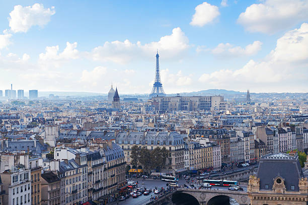 paris vista para o horizonte de notre dame - paris france panoramic seine river bridge - fotografias e filmes do acervo