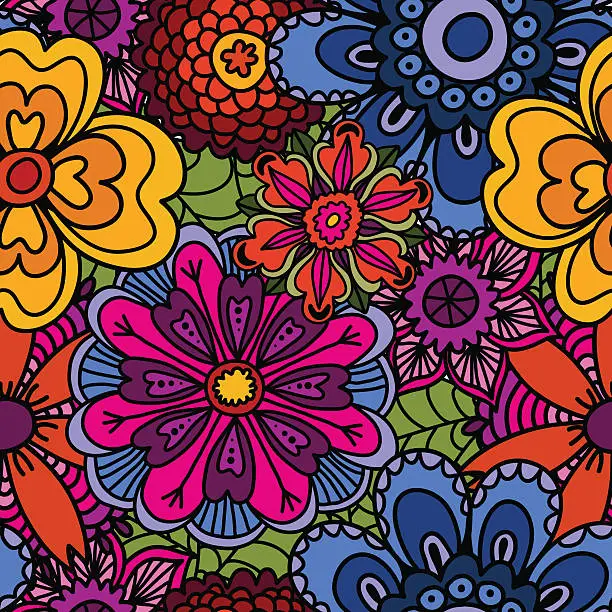 Vector illustration of Ethnic floral doodle seamless background. Beautiful doodle art flowers.