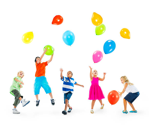 Happy Multi-Ethnic Children Playing Balloons Together Happy Multi-Ethnic Children Playing Balloons Together playful set stock pictures, royalty-free photos & images