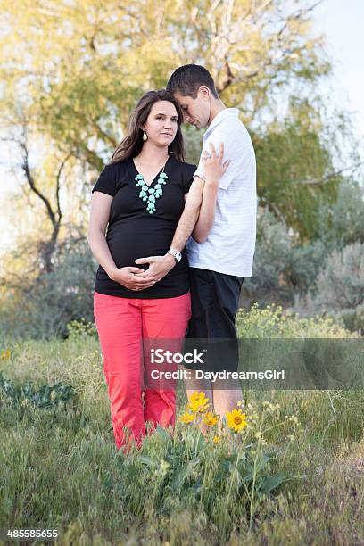 Husband And Pregnant Wife Outdoors In Widlflowers Stock Photo - Download Image Now - Adult, Adults Only, Casual Clothing