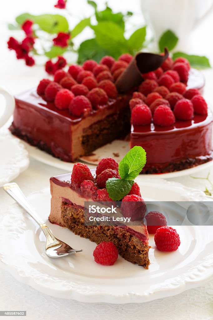 chocolate brownie cake with raspberries. 2015 Stock Photo