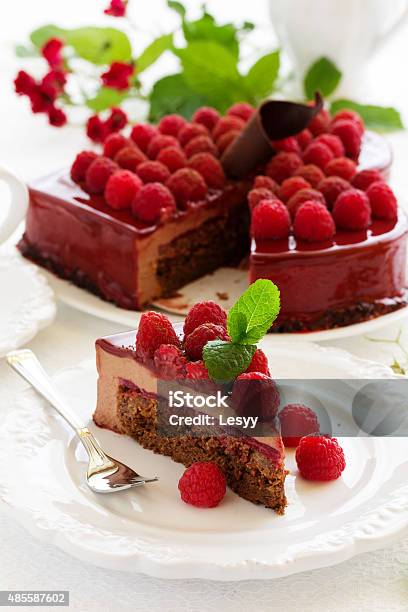Chocolate Brownie Cake With Raspberries Stock Photo - Download Image Now - 2015, Baking, Brown