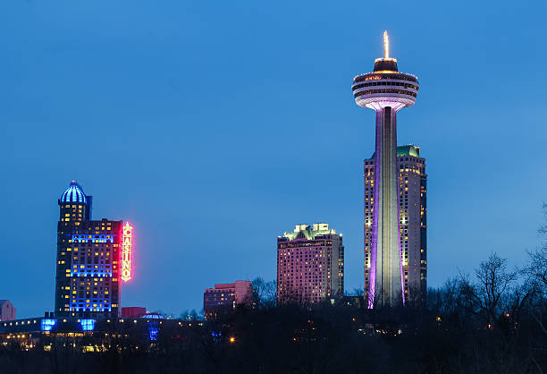 Niagara Falls, Canada - 12th April 2014: The Skylon Tower, Casino and hotels at Niagara Falls Ontario at night