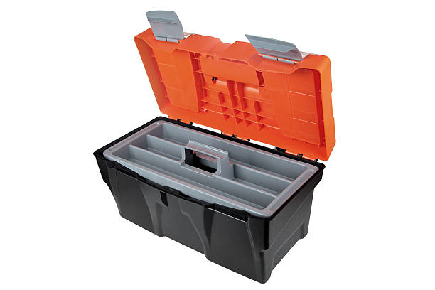 caixa de ferramentas aberta vazia de plástico preto e cor-de-laranja - article textile material new imagens e fotografias de stock