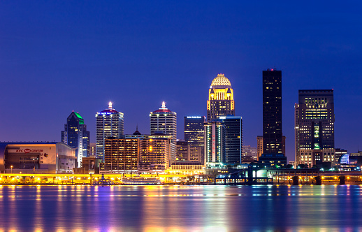The Louisville, Kentucky skyline at night.