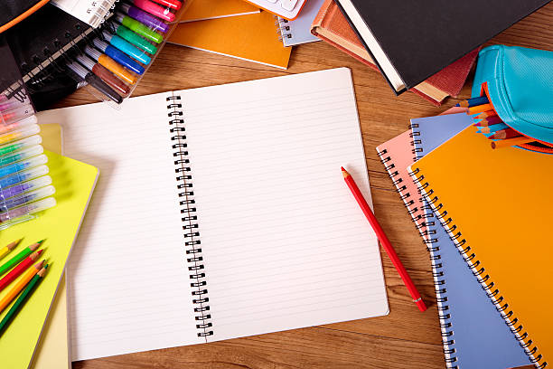 istock College student desk with blank writing book, copy space 485598244