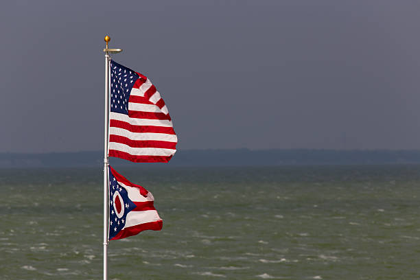 istock US and Ohio Flags Flying over Lake Erie 485604086