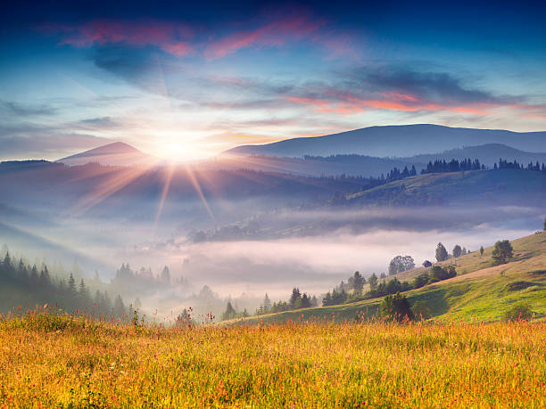 istock Summer landscape with a mountain village in the mist 485608645