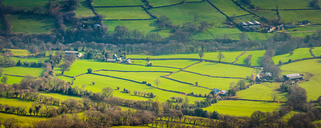 Aerial view over picturesque patchwork landscape of green pasture, lush meadows and fallow fields, farmhouses and rural homes amongst the rolling hills and quiet valleys of the Welsh Marches. ProPhoto RGB profile for maximum color fidelity and gamut.