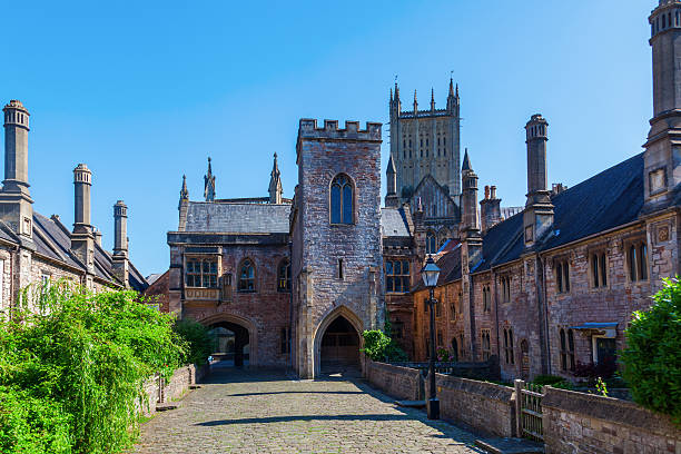 famous Vicars Close with the Wells Cathedral in the background in Wells, Somerset, England
