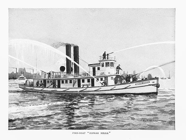 ilustrações de stock, clip art, desenhos animados e ícones de zophar mills fireboat exercício de combate a incêndios - water cannon