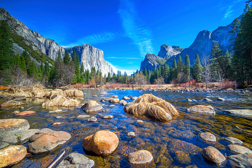 El Capitan Half Dome and Merced River , Yosemite National Park , California in the Sierra Nevada mountains. Adobe RGB. ultra wide angle.