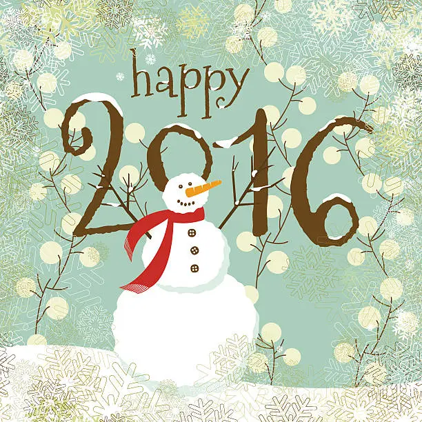 Vector illustration of christmas, snowman, 2016, happy new year, snow, winter, card, greeting card