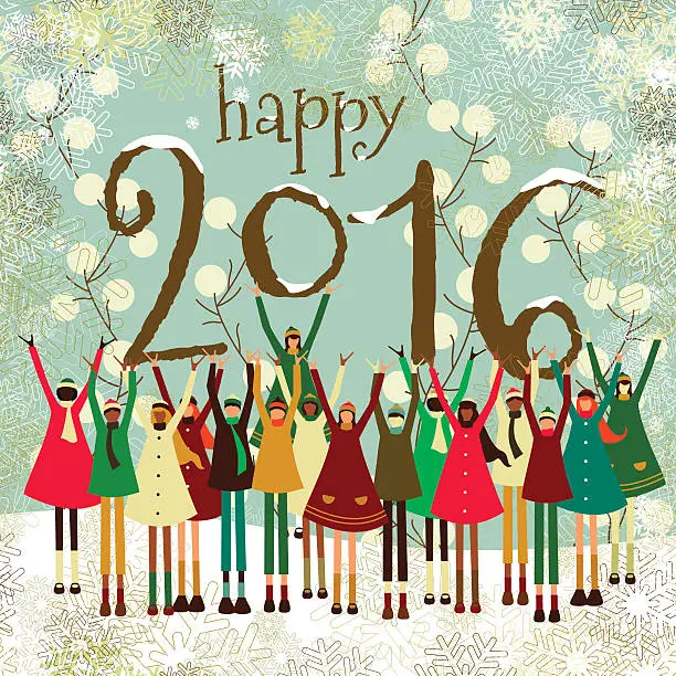 Vector illustration of Christmas, new year's greeting card, children, 2016, kids, winter, multiethnic