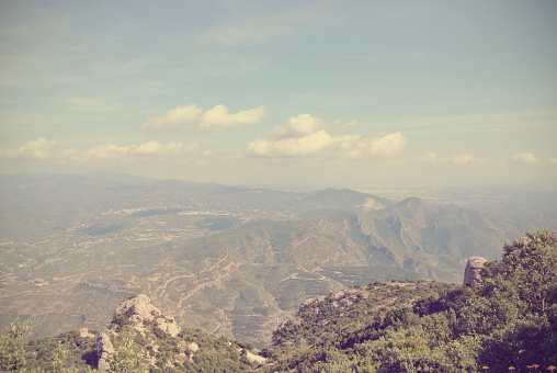 Panoramic view from Montserrat mountain, Catalonia, Spain; retro style