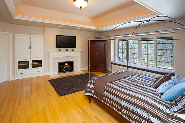 istock Spacious Bedroom With Hardwood Floor, Vaulted Tray Ceiling 485613189