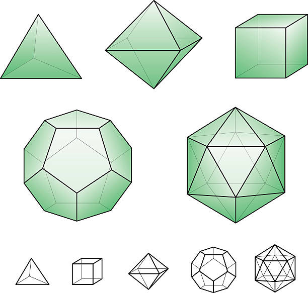 Platonic Solids With Green Surfaces Platonic solids - regular, convex polyhedrons in Euclidean geometry - tetrahedron, hexahedron, octahedron, dodecahedron and icosahedron. platonic solids stock illustrations