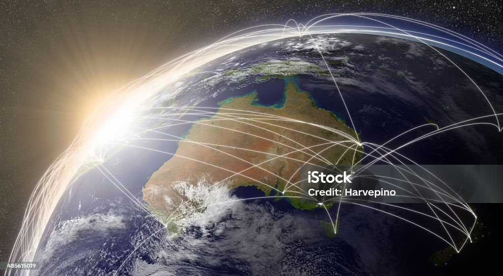 Network over Australia Australia with network representing major air traffic routes. Elements of this image furnished by NASA. Australia Stock Photo